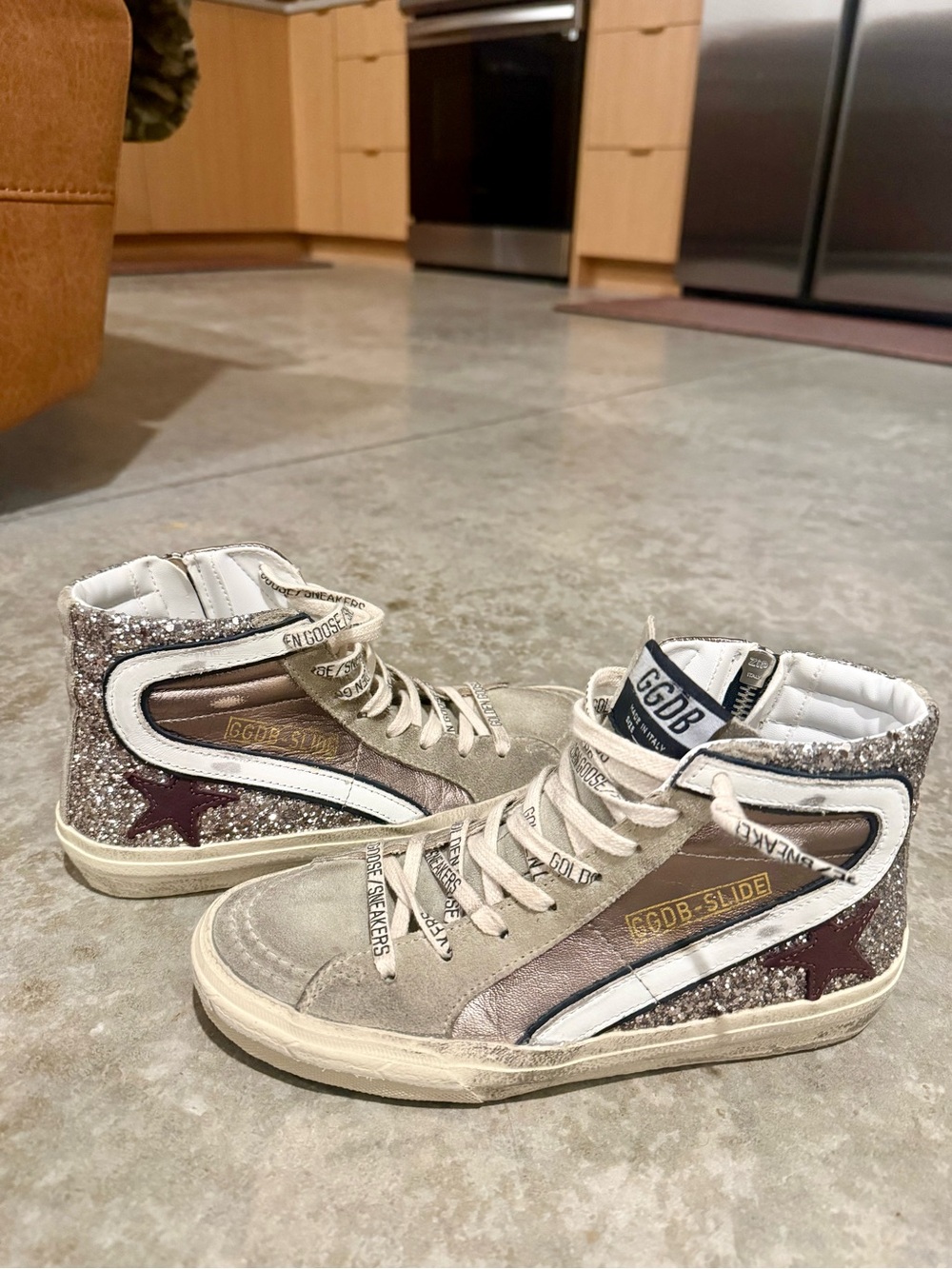 Golden Goose Beige and Burgundy High-Top Sneakers with Silver Glitter Heel